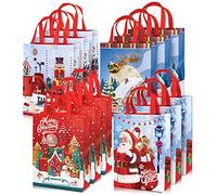 Whaline 12 Pack Christmas Non-Woven Large Tote Bags with Handles - Reusable Gift, Grocery, Santa Xmas Tree Party Treat, Waterproof Goodie Bags for Holiday Favors