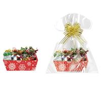 Whaline 12 Pack Christmas Paper Gift Basket Red Winter Snowflake Basket Kit Empty to Fill with Clear Plastic Bags and Pull Bows for Xmas Party Favor Goodie Packaging