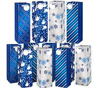 Whaline 12 Pack Christmas Wine Bags Wine Gift Bags with Handle and Tags Blue Snowman Xmas Tree Snowflake Stripe Bottle Bags for Winter Holiday Christmas Party Favor Home Table Decoration, 4 Design