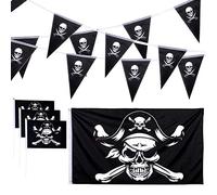 Whaline 12 Pack Halloween Skull Pirate Flag Set, 3x5ft Jolly Roger Flag, 19.7ft Pirate Bunting Banners and 10 Pieces Pirate Small Handheld Flags with Sticks for Halloween Pirate Party Decoration
