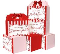 Whaline 12 Pcs Bridesmaid Treat Boxes with Handle Bow Red Pink Stripe Proposal Goodie Bags Will You Be My Bridesmaid Gift Paper Containers for Wedding Party Supplies