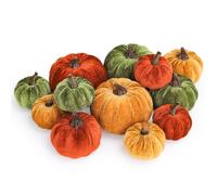 Whaline 12 Pcs Fall Artificial Pumpkins Vintage Orange Yellow Green Fake Velvet Pumpkins 3 Sizes Autumn Foam Pumpkin Table Centerpiece for Thanksgiving Halloween Harvest Party Decoration