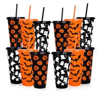 Whaline 12 Pcs Halloween Plastic Tumbler with Lids Straws Pumpkin Ghost Bats Reusable Cups 24oz Black Orange Travel Mug Cups for Iced Coffee Drinks Holiday Horror Party Supplies