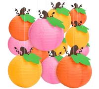Whaline 12 Set Fall Pumpkin Paper Lanterns Autumn Orange Yellow Pink Round Hanging Lanterns with Pipe Cleaners Pumpkin Stems and Leaves for Thanksgiving DIY Crafts Decor
