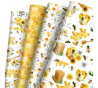 Whaline 12 Sheet Bee Theme Wrapping Paper 4 Style Watercolor Honeybee Pattern Wrapping Paper Honeycomb Bee Sunflower Art Paper for Spring Summer Holiday Birthday Gift Wrap DIY Craft, 19.7 x 27.6 Inch