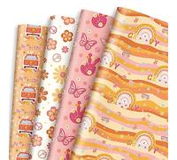 Whaline 12 Sheet Groovy Hippie Wrapping Paper 4 Style Boho Rainbow Daisy Pattern Packaging Paper Retro Groovy DIY Art Craft Paper for Birthday Baby Shower Party, 19.7 x 27.6 Inch, Folded Flat