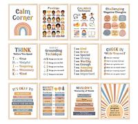 Whaline 12 Sheets Calming Corner Classroom Posters Boho Mental Health Feelings Chart Back to School Calm Down Coping Skills Educational Therapy Posters for Preschool Classroom Decor, 11 x 14 Inch