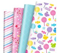 Whaline 12 Sheets Candyland Wrapping Paper - Not Roll - Colorful Sweet Candy Lollipop Plaid Stripe Gift Wrap Paper Folded Flat for DIY Crafts Christmas Birthday Party, 19.7 x 27.6 Inch