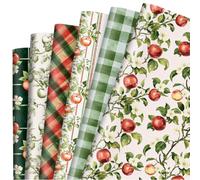 Whaline 12 Sheets Fall Wrapping Paper - Not Roll - Retro Apples Gift Wrap Sheets Red Green Plaid Harvest Craft Paper Folded Flat for Autumn Thanksgiving DIY Crafts, 19.7 x 27.6 Inch
