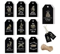 Whaline 120 Pieces 10 Designs Christmas Gold Foil Paper Gift Tags Black Xmas Hanging Tag Labels with 66 Feet Jute String for DIY Xmas Arts and Crafts Decorations Holiday Present Party Supplies
