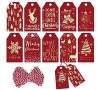 Whaline 120Pcs Christmas Gold Foil Paper Gift Tags Red Holiday Hang Name Tags with 32.8Ft Cotton Rope 10 Designs Metallic Glittery Holiday Wish Labels for for DIY Xmas Present, Xmas Party Decoration