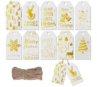 Whaline 120Pcs Christmas Gold Foil Paper Gift Tags White Holiday Hang Name Tags with 98.4Ft Hemp Rope 10 Designs Metallic Glittery Holiday Wish Labels for DIY Xmas Present Party Decorations