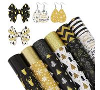 Whaline 12Pcs Christmas Faux Leather Sheet Black Gold Synthetic Leather Snowflake Reindeer Christmas Tree Pattern Glitter Fabric Crafts for Earring Hair Bow Holiday Craft Gift DIY, 8.3 x 6.3 Inch
