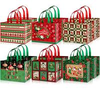 Whaline 12Pcs Christmas Large Tote Bags with Handles Reusable Gift Bag Grocery Shopping Bag Non-Woven Bags Retro Red Green Christmas Party Treat Bag Waterproof Goodie Bag for Holiday Favors