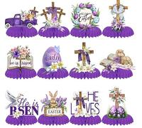 Whaline 12Pcs Easter Honeycomb Centerpieces Paper Table Signs Purple He Is Risen Cross Egg Tiered Tray Decor for Christian Home Party Kitchen Table Decoration