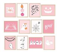 Whaline 12Pcs Halloween Wall Art Prints Cute Pink Ghost Pumpkin Boo Art Poster Trick or Treat Aesthetic Wall Decor for Gallery Living Room Bedroom (UNFRAMED 11 x 14 Inch)