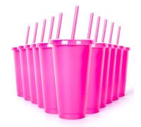 Whaline 12Pcs Hot Pink Plastic Cups with Flat Lids Straw 24 Oz Pink Girl Reusable Tumblers Plastic Travel Mug Cups for Iced Coffee Smoothie Juices Beverage Birthday Baby Shower Party Supply