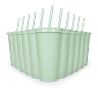 Whaline 12Pcs Sage Green Plastic Cups with Flat Lids Straw Reusable Large Tumbler Travel Mug Cups Party Drinkware Decor for Iced Coffee Beverage Drinks Party Supplies, 24 Oz