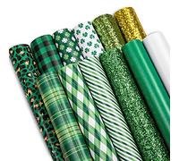 Whaline 12Pcs St. Patrick's Day Faux Leather Sheet Green Plaid Shamrock Clover Lichee Pattern Synthetic Leather Glittery Green Gold Fabric Crafts for Earring Hair Bow Holiday Craft Gift DIY, 8 x 12"