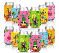 Whaline 12Pcs Tropical Hawaii Theme Can Sleeves Flamingo Monstera Leaves Flowers Can Cover Insulators Colorful Summer Neoprene Thermocoolers for Beverages Bottle Can Decor Summer Beach Party Supplies