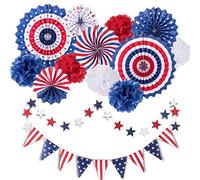 Whaline 14Pcs Patriotic Party Decorations Set, American Flag Party Supplies Hanging Paper Fans, Paper Flower Balls, Star Streamers, USA Flag Pennant Bunting