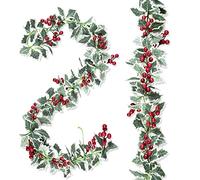 Whaline 15.7Ft Christmas Garland Artificial Holly Leaves and Red Berries Hanging Vine Faux Xmas Berry Greenery Garland for Indoor Outdoor Home Wedding Winter Party Door Frame Backdrop Decor, 2Pcs