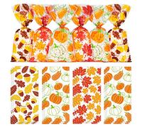 Whaline 150 Pcs Fall Cellophane Bags Maple Leaves Cello Bag 3 Styles Goodie Treat Bags with Gold Twist Tie Plastic Pumpkin Candy Bag Thanksgiving Party Favor Bags Bulk for Autumn Party Supplies