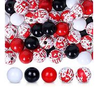 Whaline 150Pcs Halloween Wood Beads Set Red Black White Wooden Focal Beads Blood Splash Wood Beads Halloween Craft Spacer Beads for DIY Decoration Supplies Bead Garland Making