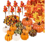 Whaline 160 Pcs Autumn Artificial Maple Leaves, Harvest Pumpkins, Gourds, Acorns and Orange Berry Stems Set, Fall and Thanksgiving Home Table Decoration Halloween Party Decor