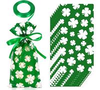 Whaline 160 Pcs St. Patrick's Day Cellophane Treat Bags Shamrock Clover Candy Cellophane Bag Plastic Goody Bags with Green Ribbon for Irish Holiday Party Favor Supplies Gift Packing Decoration, 5.1 x