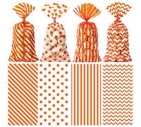 Whaline 160Pcs Fall Cellophane Treat Bags Orange Stripe Wave Dot Candy Plastic Goody Bags Autumn Cookie Snack Packing Decor with Twist Ties for Autumn Thanksgiving Birthday Party Favor, 5.1 x 10.6in