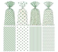 Whaline 160Pcs Sage Green Cellophane Treat Bags Stripe Wave Dot Plastic Gift Bags Candy Goodie Bags with Twist Ties for Birthday Wedding Party Cookie Snack Packing Supplies, 5.1 x 10.6 Inch