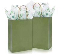 Whaline 16Pcs Sage Green Kraft Paper Bag with 20Pcs Eucalyptus Tissue Paper with Handles Bulk Goody Candy Treat Bag for Baby Shower Birthday Wedding