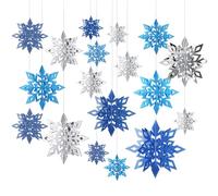Whaline 18Pcs Christmas Hanging Decorations Blue Silver 3D Snowflake Paper Hanging Ornaments with String for Winter Xmas Party Home Wall Ceiling