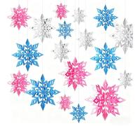 Whaline 18Pcs Christmas Hanging Decorations Pink Blue Silver 3D Snowflake Paper Ornaments with String Large Snowflake Pendant Garlands for Xmas Winter Wonderland Party Home Ceiling