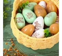 Whaline 18Pcs Easter Eggs Wooden Fake Eggs White Green Brown Christian Laser Engraved Egg for Easter Basket Spring Table Centerpiece Party Favors, 2.4"