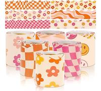 Whaline 196.8ft Boho Bulletin Board Borders Daisy Flower Checked Die-Cut Bulletin Board Stripes Retro Groovy Rolled Bulletin Board Trim for School Classroom Office Chalkboard Decoration, 6 Rolls