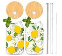 Whaline 2 Pack Summer Drinking Glasses 16oz Lemon Daisy Flower Glasses Cup with Bamboo Lids Glass Straw Cleaning Brushes Summer Ice Coffee Cup for Cocktails Whiskey Beer Soda Gifts