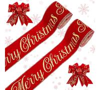 Whaline 2 Roll Merry Christmas Velvet Wired Edge Ribbon 2.5 Inch 20 Yards Red Gold Glitter Xmas Tree Velvet Wired Ribbon for Bow Wreath Craft Gift Wrap Holiday Home Decor