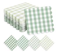 Whaline 200Pcs Green Scalloped Cocktail Napkins Easter Baby Shower Sage Green Napkin Gingham Plaid Paper Napkins for Wedding One Lucky Duck Birthday Party Supplies