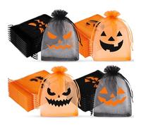 Whaline 200Pcs Halloween Organza Bags Black Orange Evil Pumpkin Face Jewelry Gift Bag Small Mesh Favor Bags for Trick or Treat Birthday Baby Shower Party Supplies