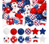 Whaline 200Pcs Patriotic Wooden Beads Red Blue White Star Beads American Flag Plaid Wooden Beads 4th of July Craft Beads with String for Independence Day DIY Craft Home Tiered Tray Decor