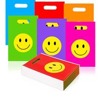 Whaline 200Pcs Rainbow Smile Face Party Favor Bag Colorful Plastic Treat Bags with Handles Candy Goodie Bags for Birthday Baby Shower Snack Cookie Packing