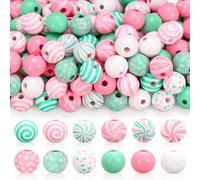 Whaline 210Pcs Christmas Wooden Beads 12 Styles Pink-Green Xmas Pattern Round Loose Bead Colored Craft Beads for Xmas Holiday Farmhouse Tree Decor Garland Bracelet DIY Making