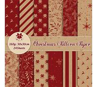 Whaline 24 Pack Christmas Pattern Paper 30x30cm Rustic Xmas Scrapbook Paper 12 Designs Double-Sided Kraft Red Craft Paper for DIY Card Making Scrapbook Photo Album Decor