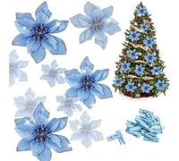 Whaline 24 Pcs Blue Poinsettia Artificial Christmas Flowers with 24 Pack Clips, Glitter Christmas Tree Ornaments Xmas Wedding Party Decor (13 x 13 cm)