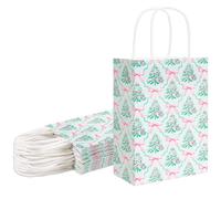 Whaline 24 Pcs Christmas Tree Paper Gift Bags Party Favor Bags with Handle Pink Bow Xmas Tree Goodie Candy Treat Bag for Winter Holiday Birthday Baby Shower