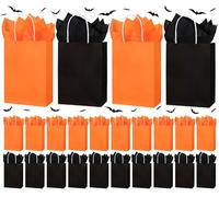 Whaline 24 Pcs Halloween Colored Paper Gift Bags Black Orange Party Favor Bags with Handles and Tissue Paper for Trick or Treat Holiday Goodie Candy Wrapping