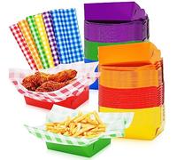 Whaline 240Pcs Rainbow Paper Food Trays Set with Plaids Deli Paper Sheets Colorful Disposable Food Trays Greaseproof Deli Paper Neon Birthday Party Treats Food Boats for Nacho Hot Dog Taco Fries