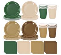 Whaline 244Pcs Woodland Tableware Set Serves 48 Sage Green Brown Disposable Dinnerware 48 9" Plates 48 7" Plate 48 9oz Cups 100 Napkins for Baby Shower Forest Party Supplies